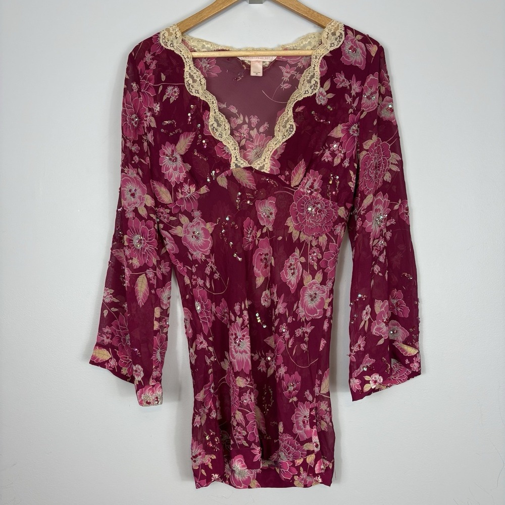 Vtg Y2K Victoria's Secret Pink Label Silk Babydoll Dress Sz M Lace Floral Sequin
